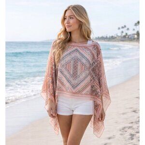 CROSSTREE LANE Pink Boho Boatneck Chiffon Peasant Poncho Top One Size NWT